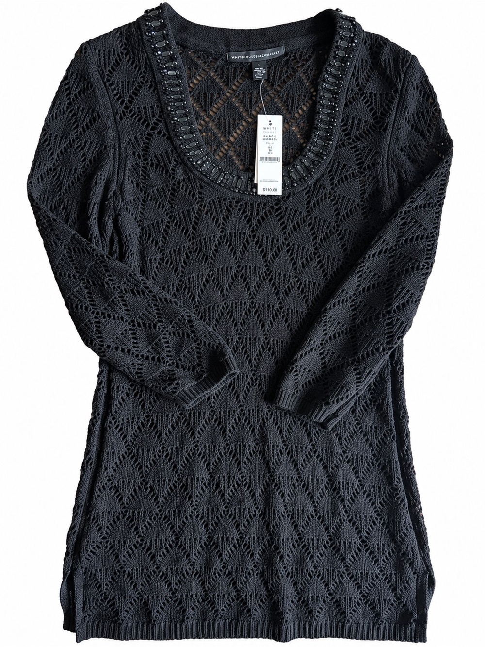 NWT White House Black Market Black Embellished Open Knit Tunic Sweater Chic S